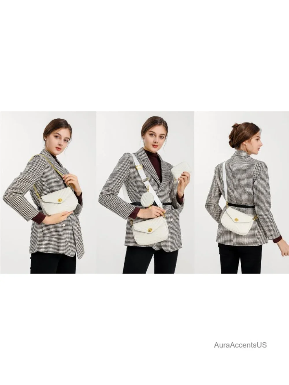 Quilted Faux Leather Crossbody Bag with Chain Strap, 3 Piece Set